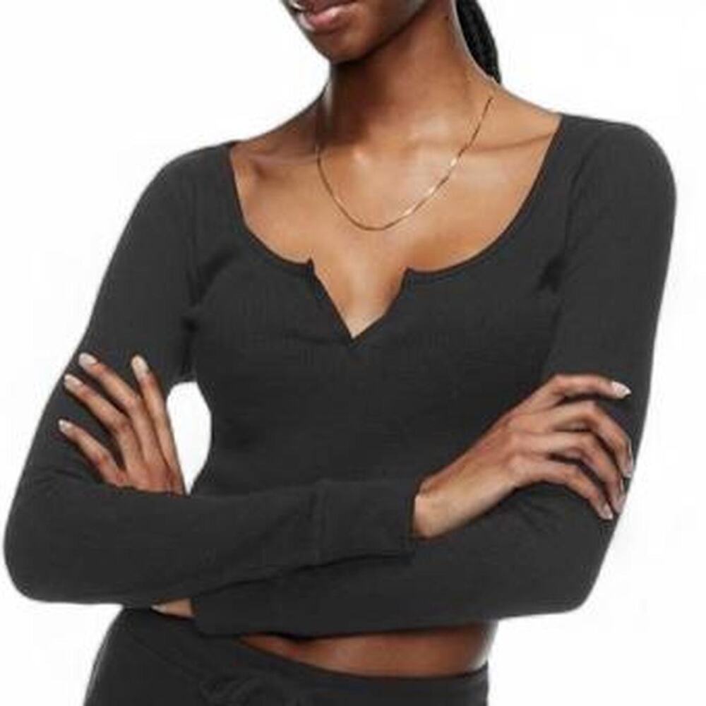 TNA (Aritzia) Black Waffle Scoopneck Long Sleeve - XS